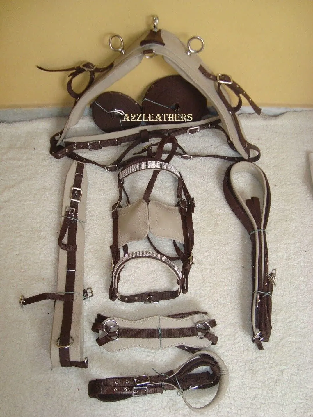 Beige/Brown Synthetic Nylon Horse Driving Harness For Single Horse (FULL, COB, PONY, SHETLAND)