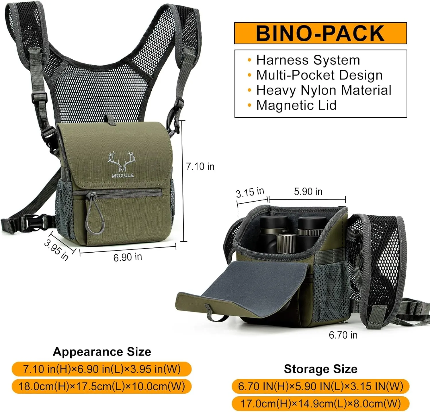 Binocular Harness Chest Pack: Bino Case with Magnetic Lid and Rain Cover for Hunting (Green)