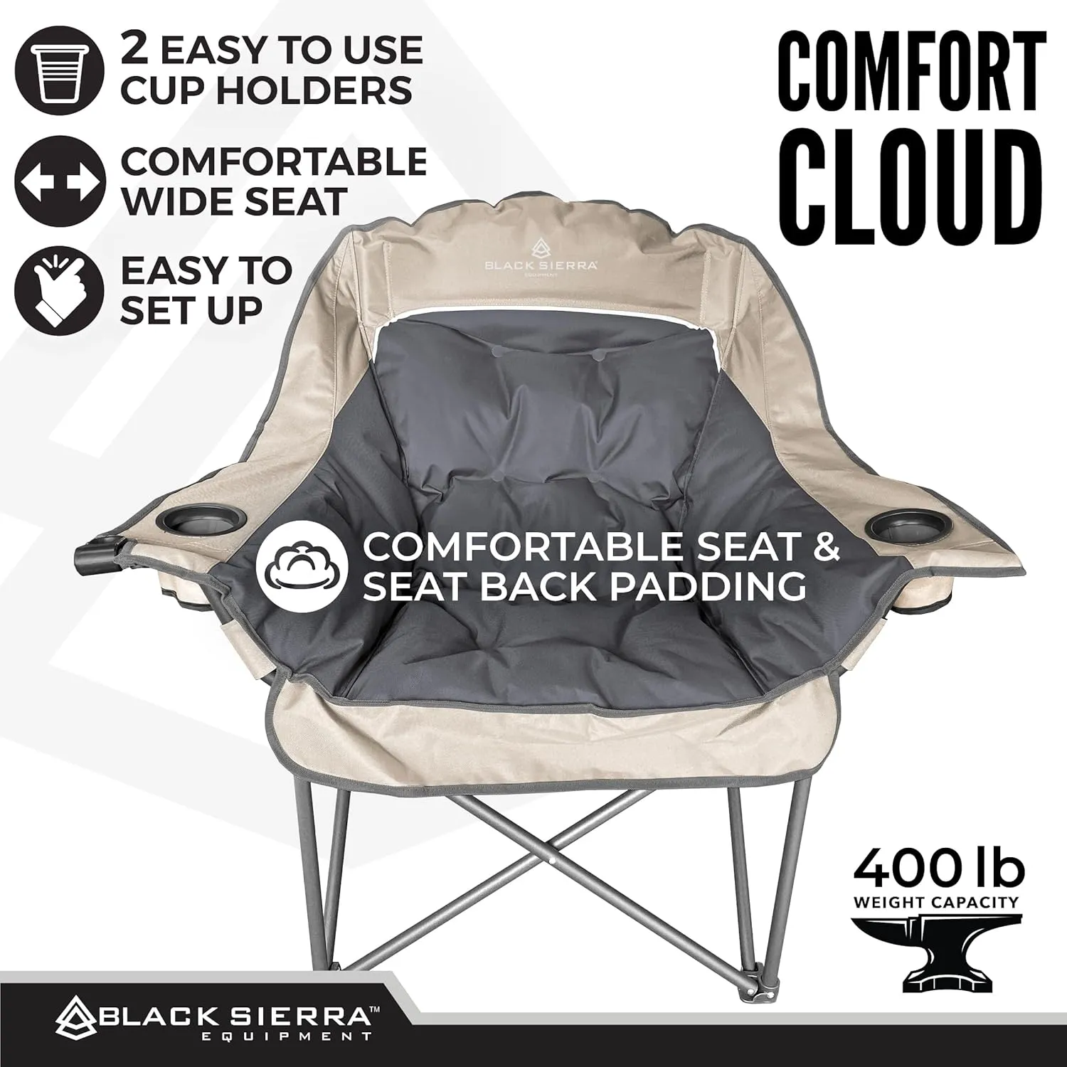 Black Sierra Oversized Camping Chair for Adults, Heavy Duty Outdoor Seat with Plush Padding, Supports 400lbs, Cup Holders & Carry Bag, Comfortable Folding Chair for Tailgating, Patio & Sideline Events