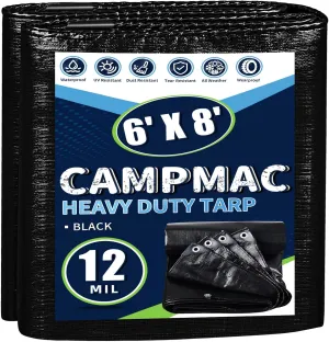 Black Tarps Heavy Duty Waterproof 6x8, 12 Mil Thick, High Durability, Rip and Tear Resistant with Metal Grommets Every 20 Inches