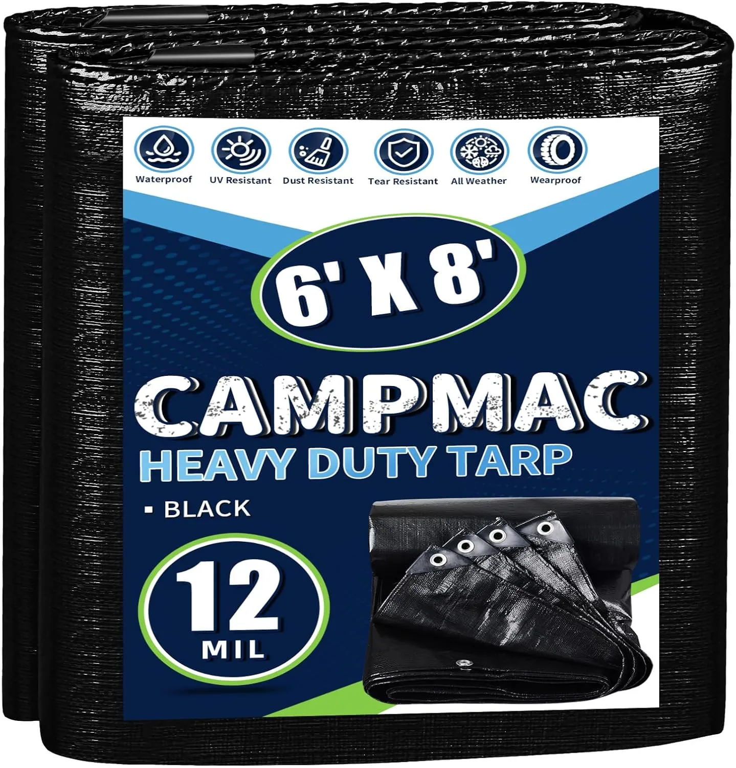 Black Tarps Heavy Duty Waterproof 6x8, 12 Mil Thick, High Durability, Rip and Tear Resistant with Metal Grommets Every 20 Inches