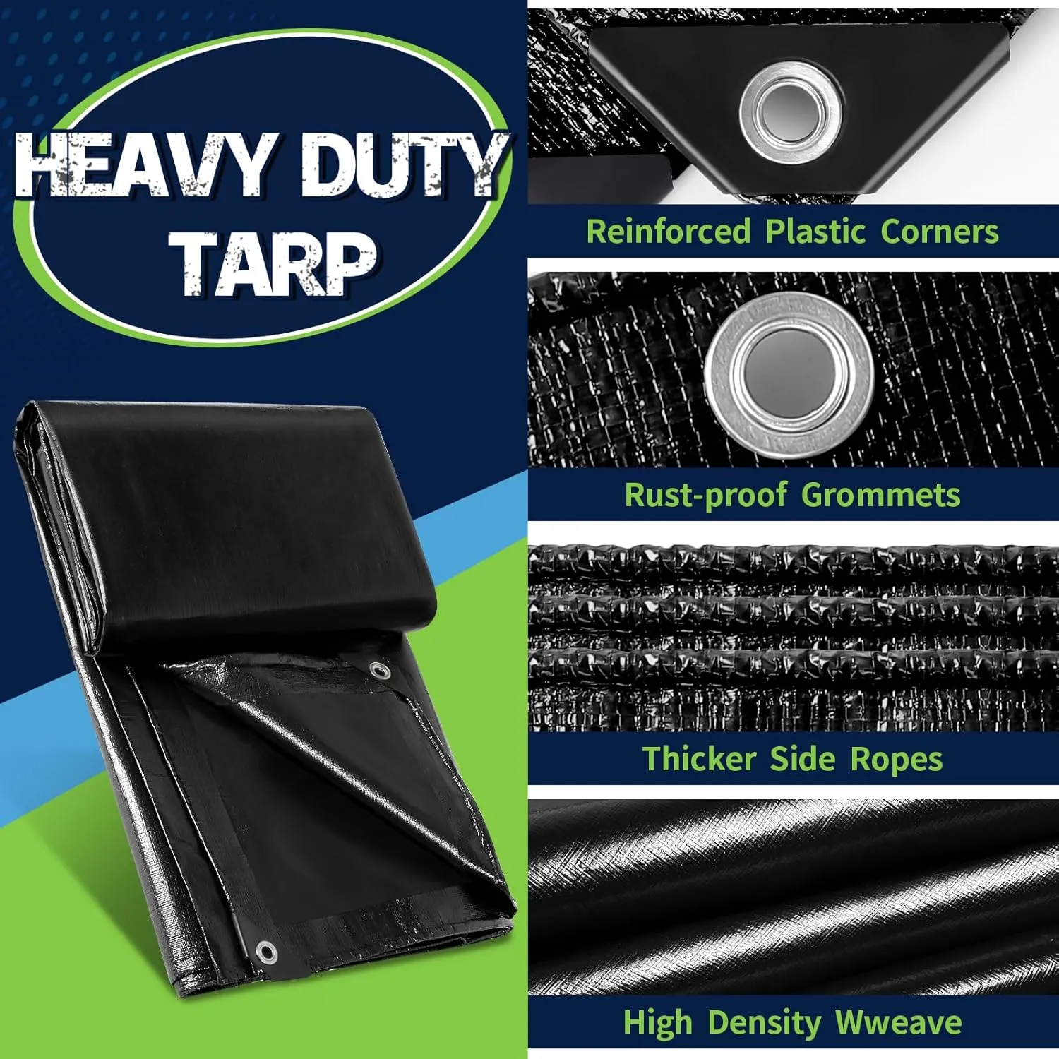 Black Tarps Heavy Duty Waterproof 6x8, 12 Mil Thick, High Durability, Rip and Tear Resistant with Metal Grommets Every 20 Inches