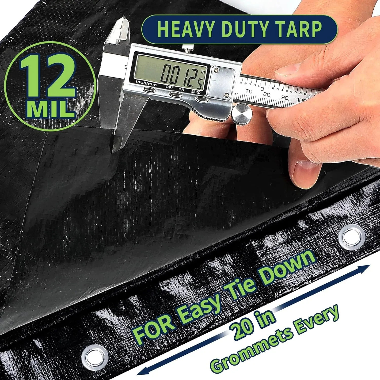 Black Tarps Heavy Duty Waterproof 6x8, 12 Mil Thick, High Durability, Rip and Tear Resistant with Metal Grommets Every 20 Inches