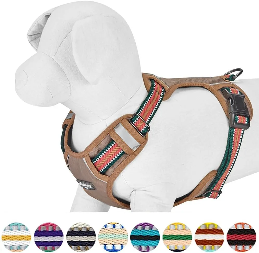 Blueberry Pet Soft & Comfy 3M Reflective Dog Harness Vest | Mesh Padded No Pull Dog Harness w/Back Clips | Multi-Colored Stripe - Dark Green and Pink | Reflective Dog Harness for Large Dogs