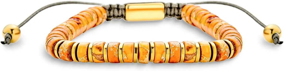 Boho Natural Gemstone Blue Turquoise Black Brown Tiger Eye Red Lime Orange Jasper Green Jade Malachite Stones Chakra Stacking Bolo Bracelet Gold Plated Stainless Steel Rondel Tube Beads Cord 7-9”