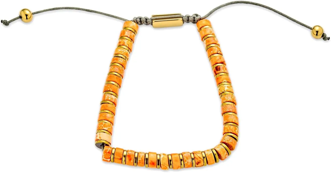 Boho Natural Gemstone Blue Turquoise Black Brown Tiger Eye Red Lime Orange Jasper Green Jade Malachite Stones Chakra Stacking Bolo Bracelet Gold Plated Stainless Steel Rondel Tube Beads Cord 7-9”