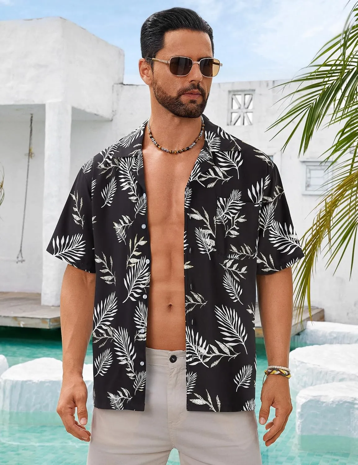 BOJIN Men's Hawaiian Shirts Short Sleeve Button Down Casual Shirts Summer Printed Tropical Floral Aloha Beach Shirts