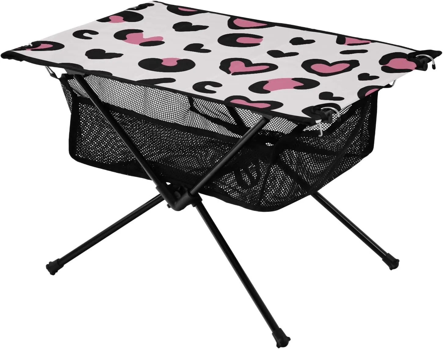 Bolaz Outdoor Folding Portable Picnic Camping Table-Pink Heart Leopard,Storage Mesh for Camping Gear Accessories, Hiking, Mountaineering, Outdoor Travel