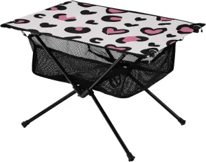 Bolaz Outdoor Folding Portable Picnic Camping Table-Pink Heart Leopard,Storage Mesh for Camping Gear Accessories, Hiking, Mountaineering, Outdoor Travel