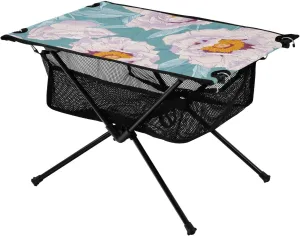 Bolaz Outdoor Folding Portable Picnic Camping Table-White Flowers on Blue,Storage Mesh for Camping Gear Accessories, Hiking, Mountaineering, Outdoor Travel