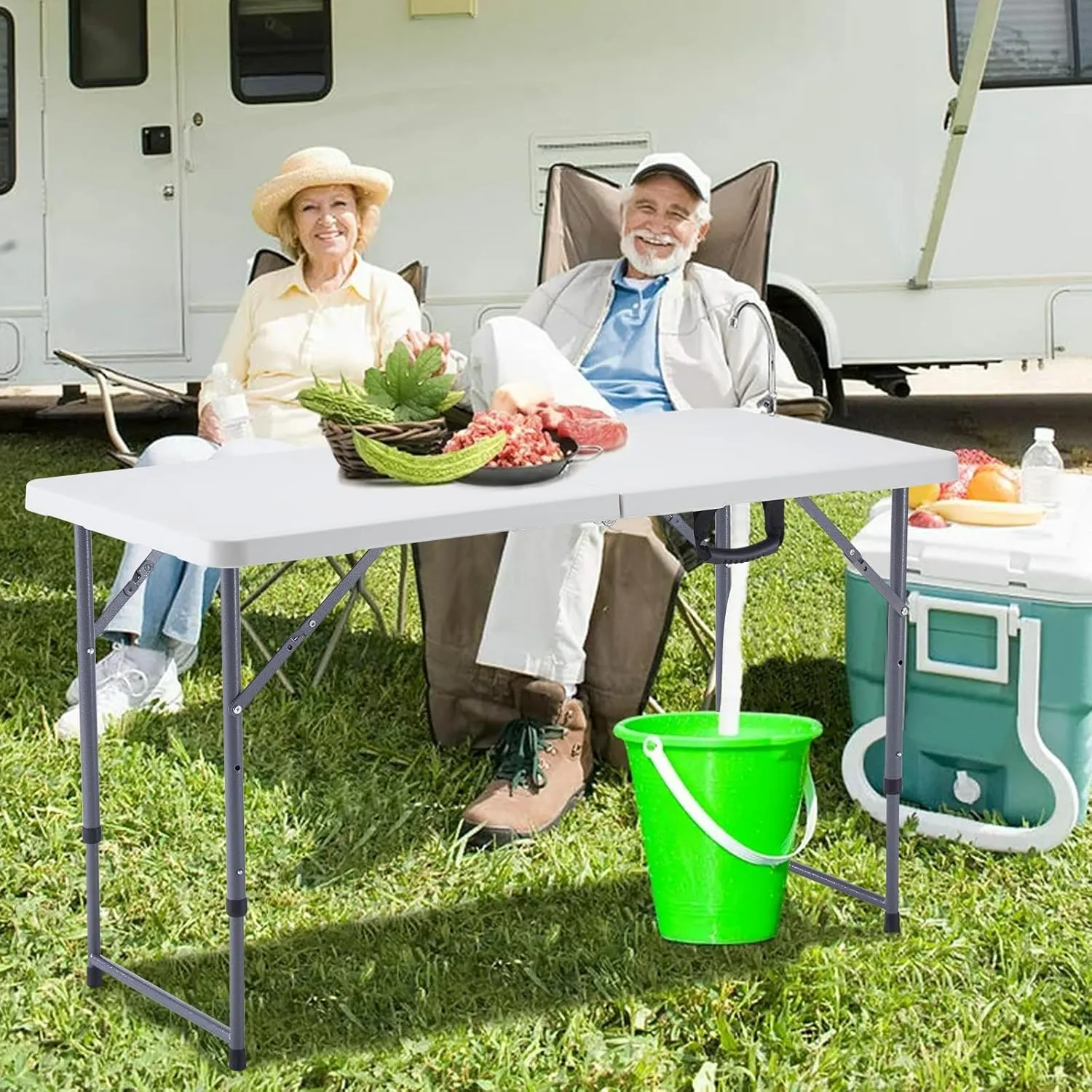 BOOSDEN 4 Foot Folding Table, Portable Rectangle Card Table, Indoor Outdoor Plastic Fold-in-Half Utility Table with Carrying Handle, Adjustable Height Foldable Table for Picnic,Party,Camping,Office