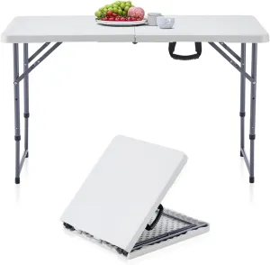 BOOSDEN 4 Foot Folding Table, Portable Rectangle Card Table, Indoor Outdoor Plastic Fold-in-Half Utility Table with Carrying Handle, Adjustable Height Foldable Table for Picnic,Party,Camping,Office