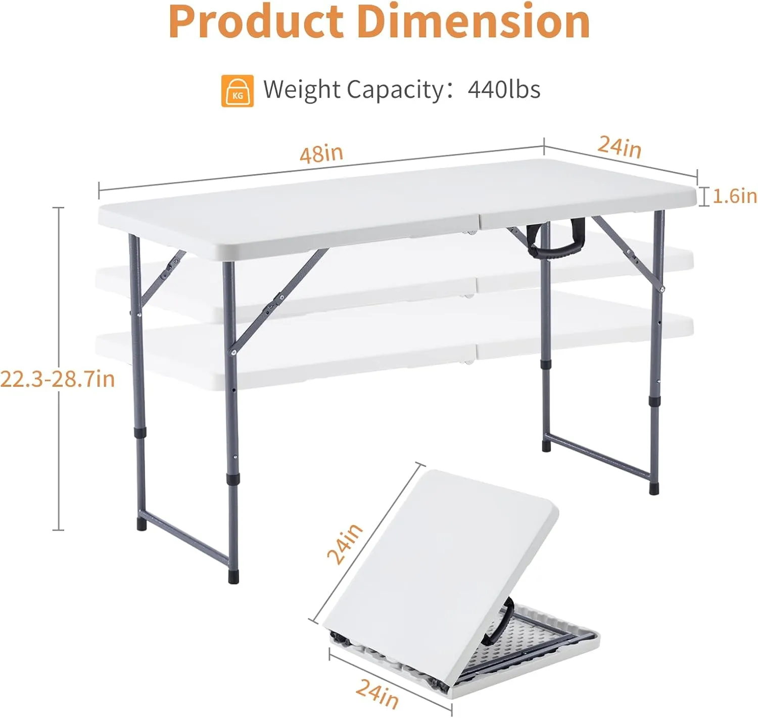BOOSDEN 4 Foot Folding Table, Portable Rectangle Card Table, Indoor Outdoor Plastic Fold-in-Half Utility Table with Carrying Handle, Adjustable Height Foldable Table for Picnic,Party,Camping,Office