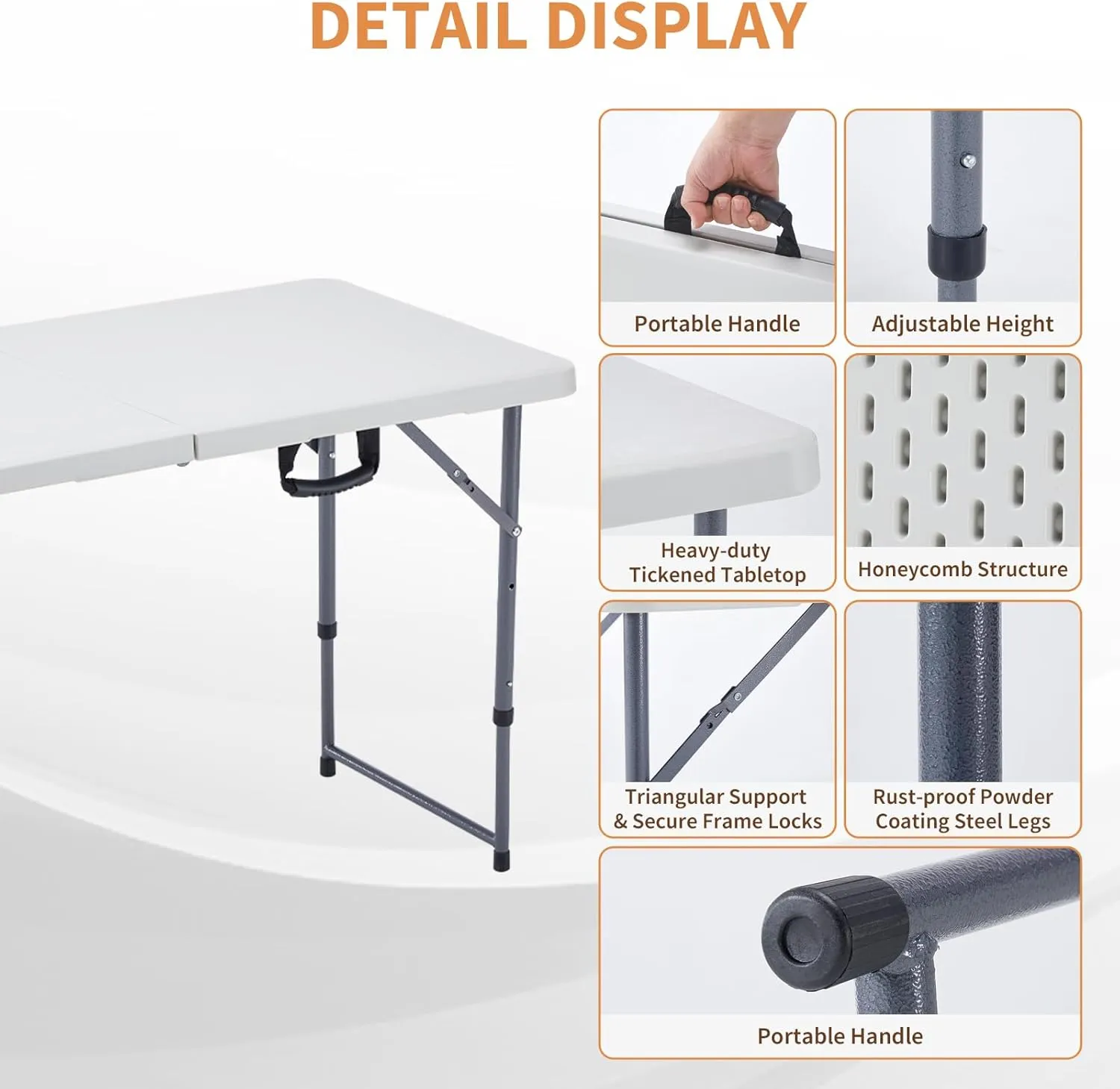 BOOSDEN 4 Foot Folding Table, Portable Rectangle Card Table, Indoor Outdoor Plastic Fold-in-Half Utility Table with Carrying Handle, Adjustable Height Foldable Table for Picnic,Party,Camping,Office