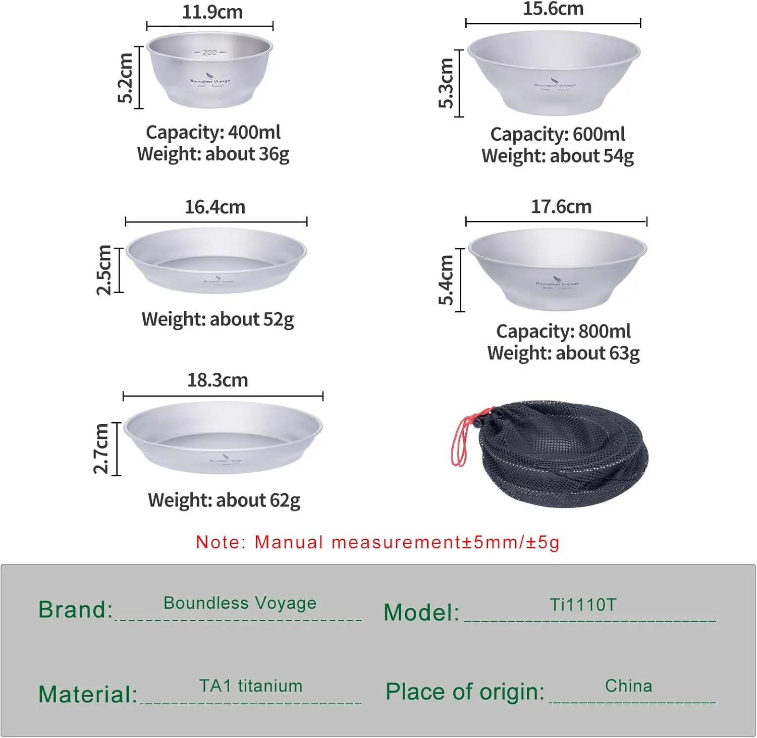 Boundless Voyage Titanium Dish Plate With Mesh Bag - Outdoor Dishware and Utensils Mess Kit, Single-Walled Bowl for Camping, Backpack Hiking