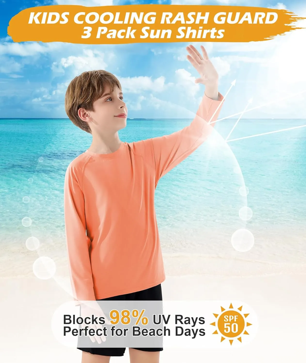 Boys Swim Shirt UPF 50  Kids Rash Guard Long Sleeve 3 Pack Youth Sun UV Protection SPF Water Fishing Top Shirts 5-18Y