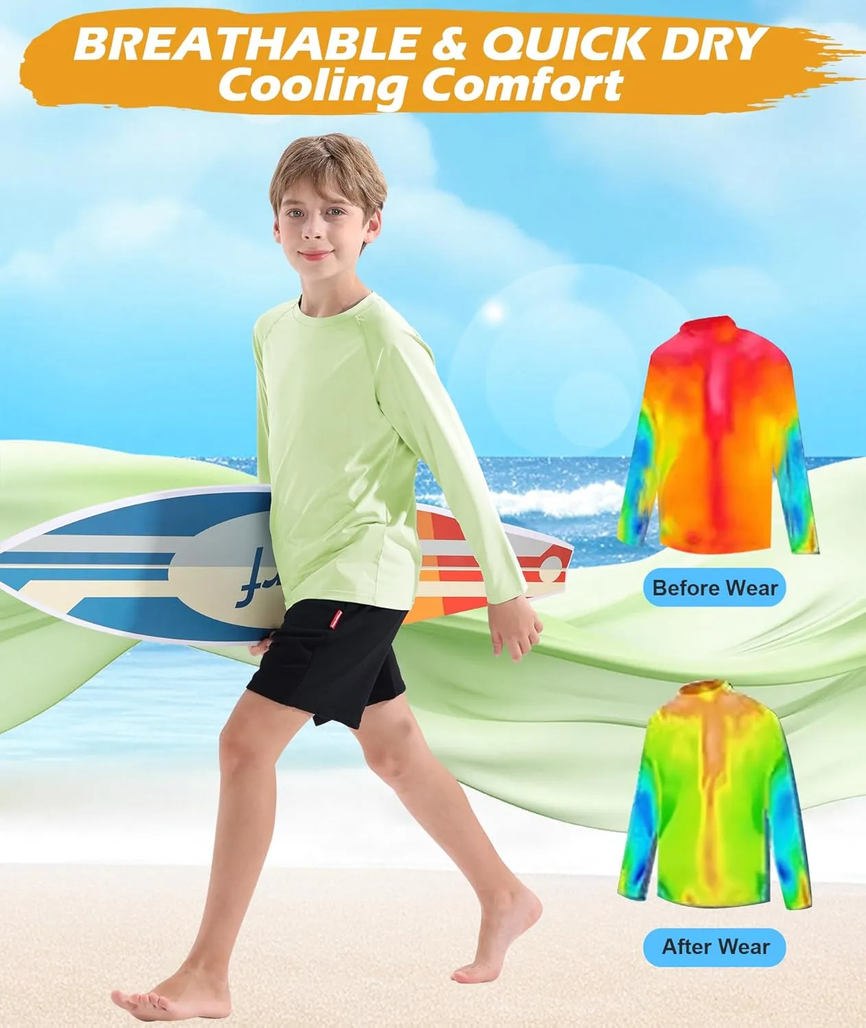 Boys Swim Shirt UPF 50  Kids Rash Guard Long Sleeve 3 Pack Youth Sun UV Protection SPF Water Fishing Top Shirts 5-18Y