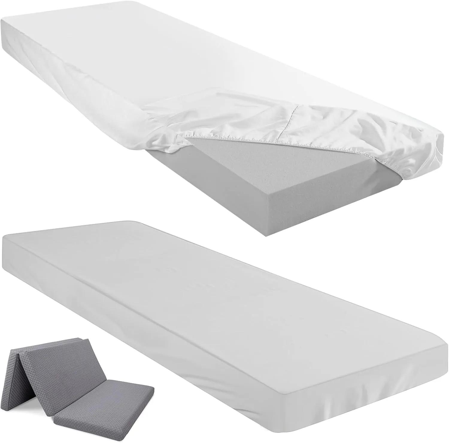 Breling Fitted Sheet (Sheet Only) Compatible with Milliard Trifold Mattress Folding Mattress Fitted Microfiber Bedclothes for Camp Bunk Rvs Bed(White,Silver Gray,2 Pcs,Single,4'')