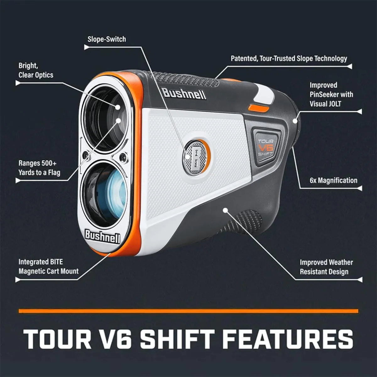 Bushnell Golf Patriot Player Pack with Tour V6 Shift Rangefinder with Slope, Premium Case, Wingman Mini GPS Speaker, Ball Marker & Signature Series Towel - Ultimate Golf Course GPS Caddie Bundle