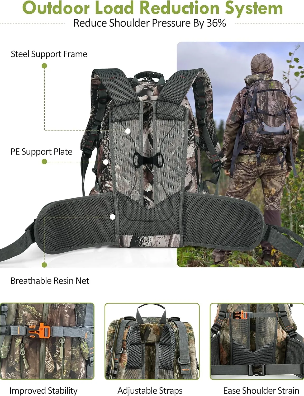 Camo Hunting Backpack for Men, 35L Durable Hunting Pack, 600D Daypack with Rain Cover, Interal Frame Support