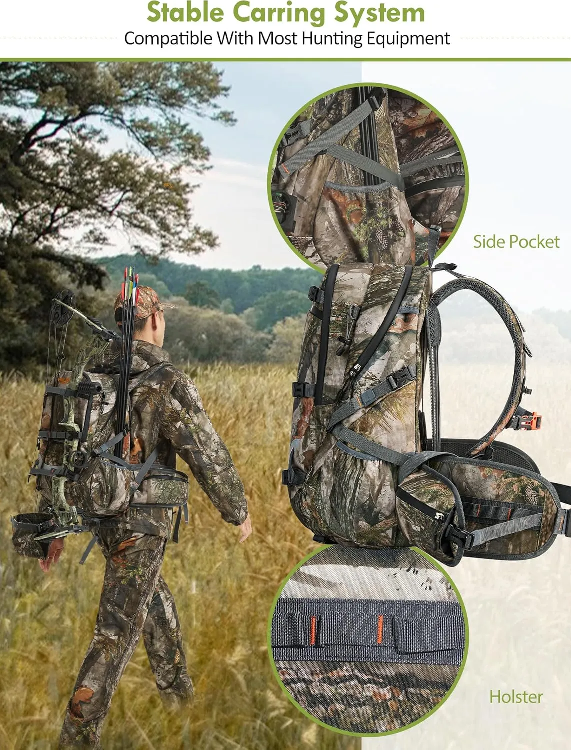 Camo Hunting Backpack for Men, 35L Durable Hunting Pack, 600D Daypack with Rain Cover, Interal Frame Support