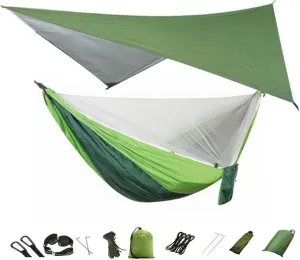 Camping Hammock with Mosquito Net and Rain Fly Tarp,Portable Tree Hammock Nylon Swing Hammocks Sun Shelter Rain Fly(Light Green)