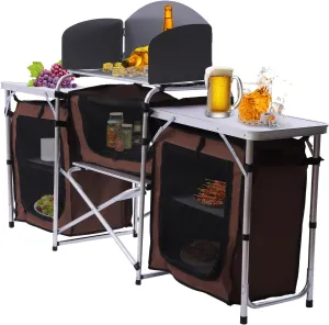 Camping Kitchen Station, Folding Grill Table with 26'' Tabletop, 2 Side Tables, Storage Organizer, Detachable Windscreen, Portable Camp Cook Outdoor Prep Station Backyard BBQ Picnic (Brown)