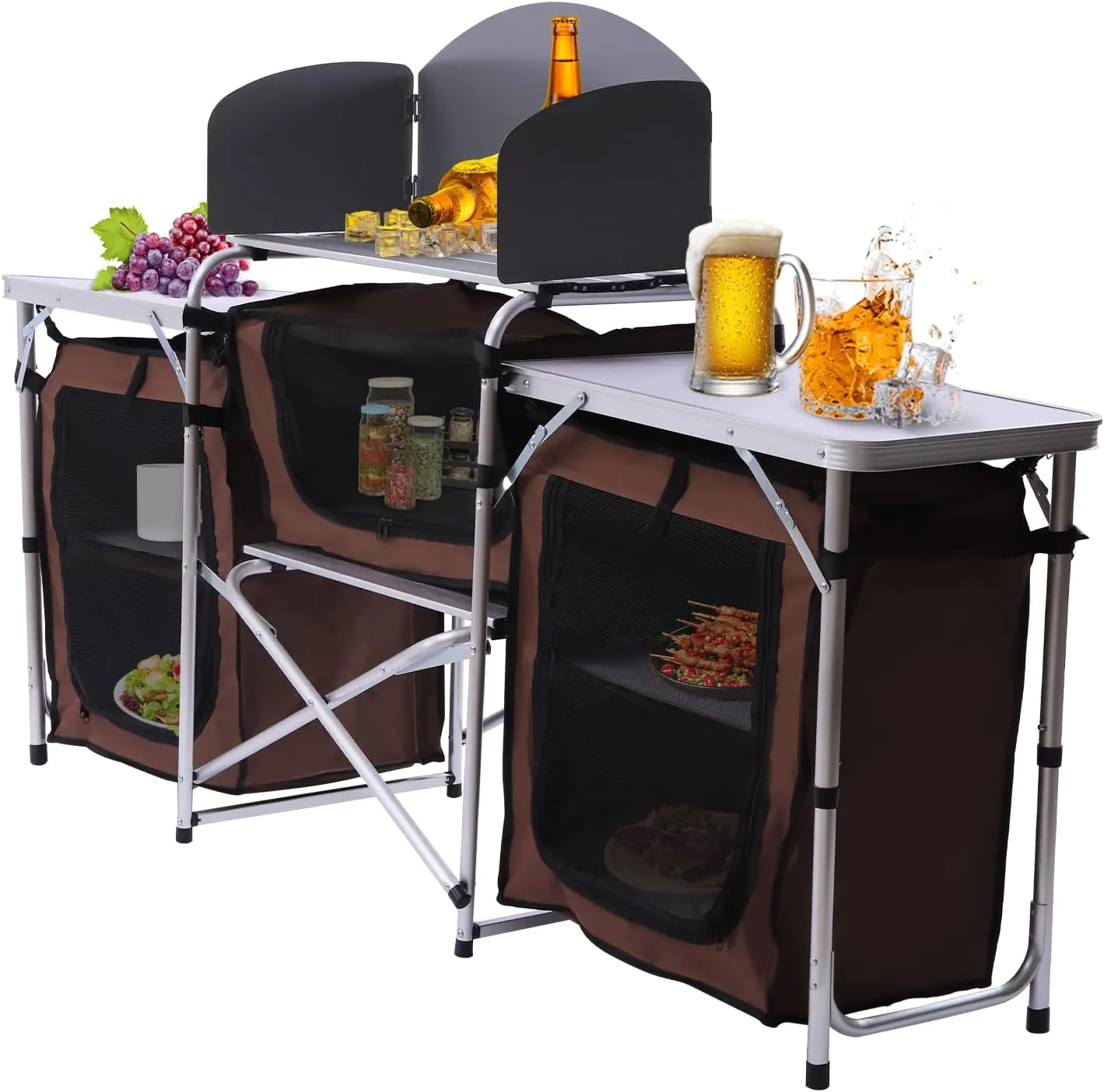 Camping Kitchen Station, Folding Grill Table with 26'' Tabletop, 2 Side Tables, Storage Organizer, Detachable Windscreen, Portable Camp Cook Outdoor Prep Station Backyard BBQ Picnic (Brown)