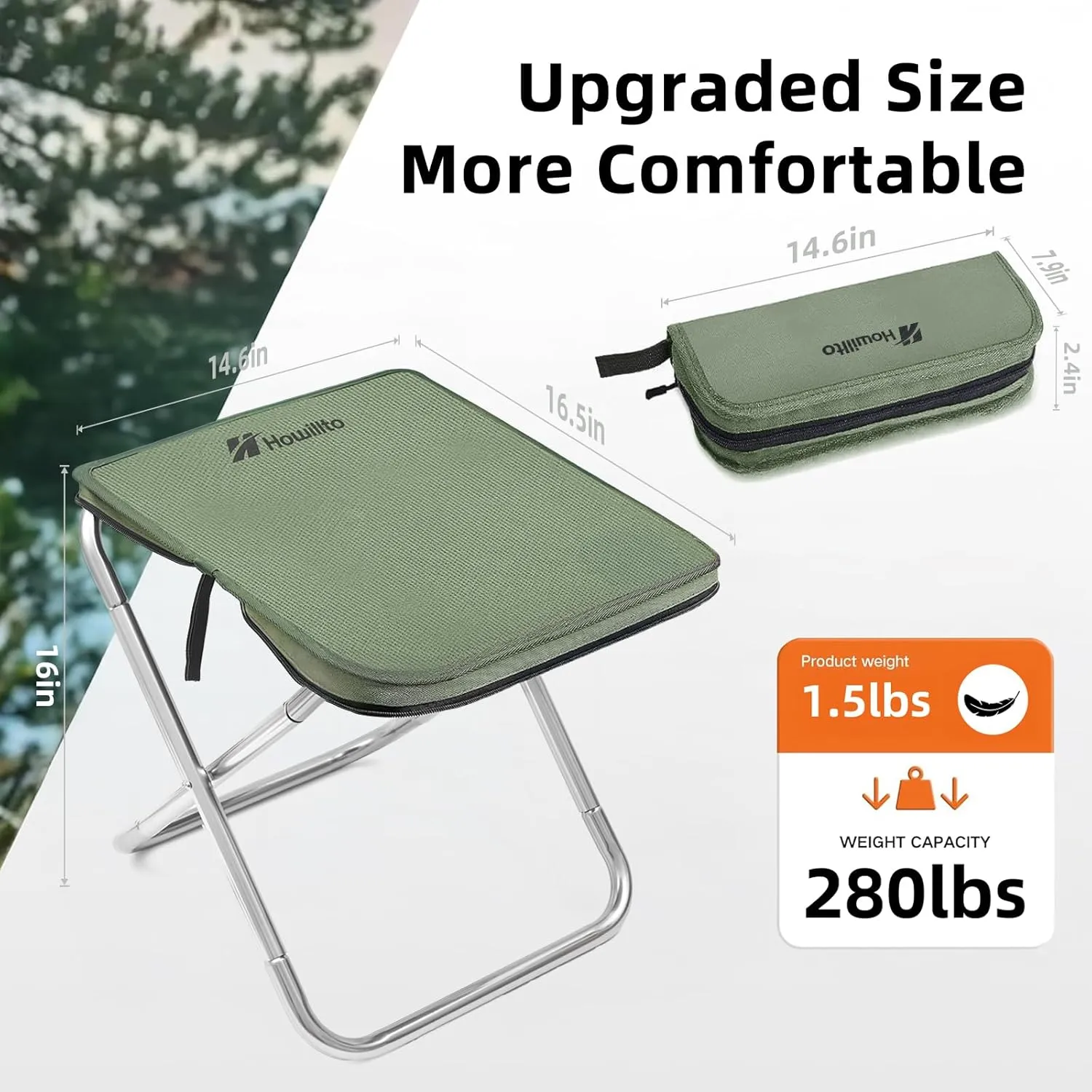 Camping Stool, 16in Tall Portable Folding Stool with Carry Bag, Upgraded Ultralight Chair with Roomy Seat for Adults, Holds 280lbs, Ideal for Hiking, Fishing, Outdoor Use, Green