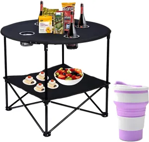 Camping Table, 2-Tier Folding Portable Table with 4 Cup Holders, Camping Cip & Carry Bags for Camping, Collapsible Table Steel Frame, High-Grade 600D Canvas, for BBQ, Fishing, and Picnic