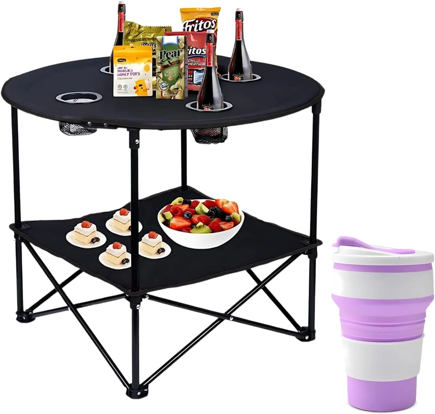 Camping Table, 2-Tier Folding Portable Table with 4 Cup Holders, Camping Cip & Carry Bags for Camping, Collapsible Table Steel Frame, High-Grade 600D Canvas, for BBQ, Fishing, and Picnic