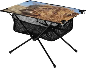 Camping Table Lightweight Portable Folding Table with Mesh Storage Net Fluffy Highland Cow Ideal for Camping Hiking Beach Picnic Travel Backyard