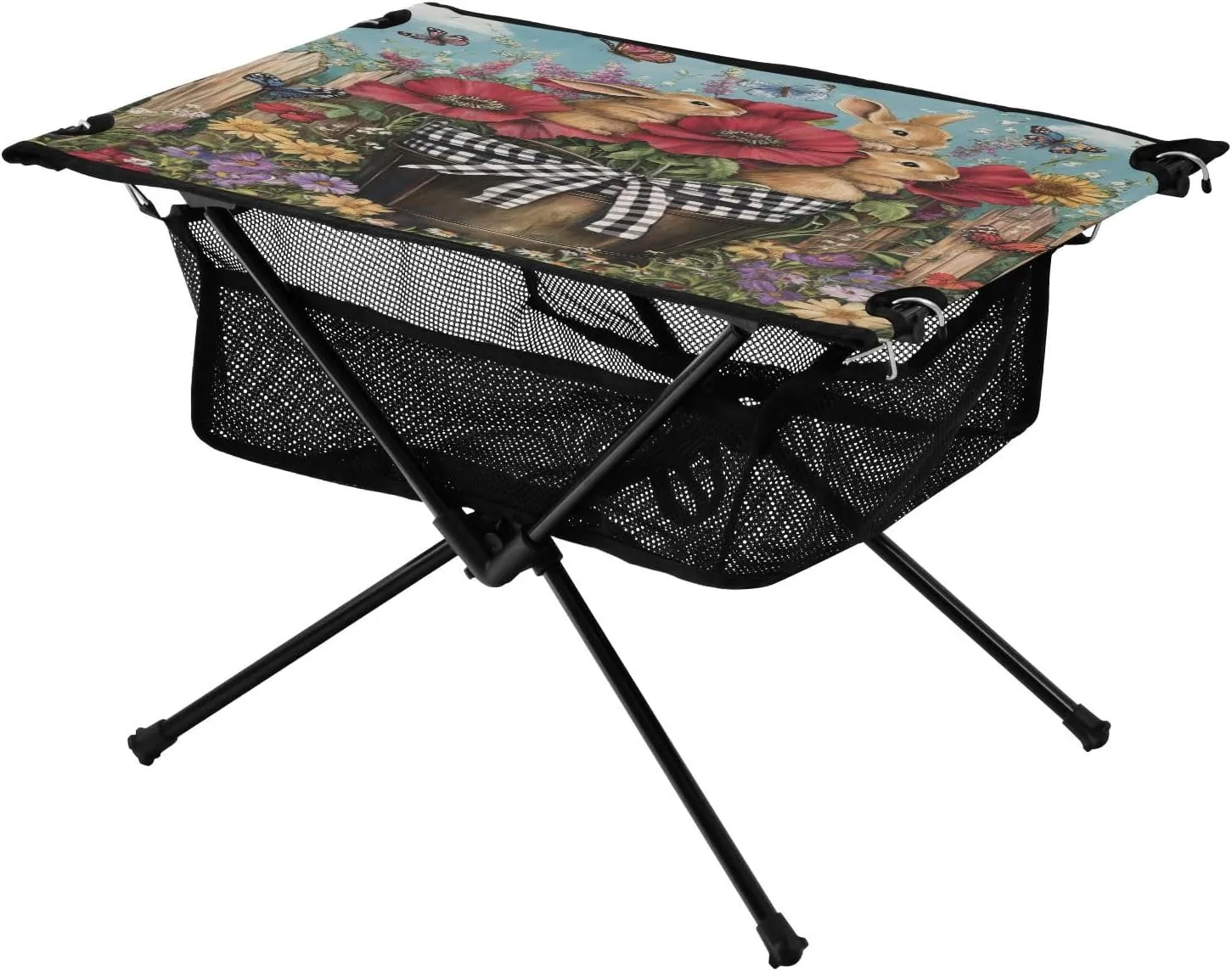 Camping Table Lightweight Portable Folding Table with Mesh Storage Net Rabbit Poppy Flower Ideal for Camping Hiking Beach Picnic Travel Backyard