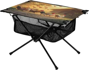 Camping Table Lightweight Portable Folding Table with Mesh Storage Net Rooster Chicken Love Ideal for Camping Hiking Beach Picnic Travel Backyard