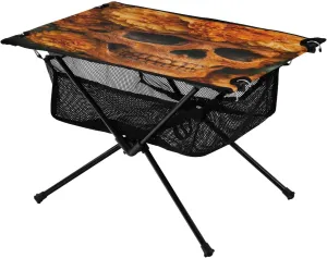 Camping Table Lightweight Portable Folding Table with Mesh Storage Net Skull Orange Flowers Ideal for Camping Hiking Beach Picnic Travel Backyard