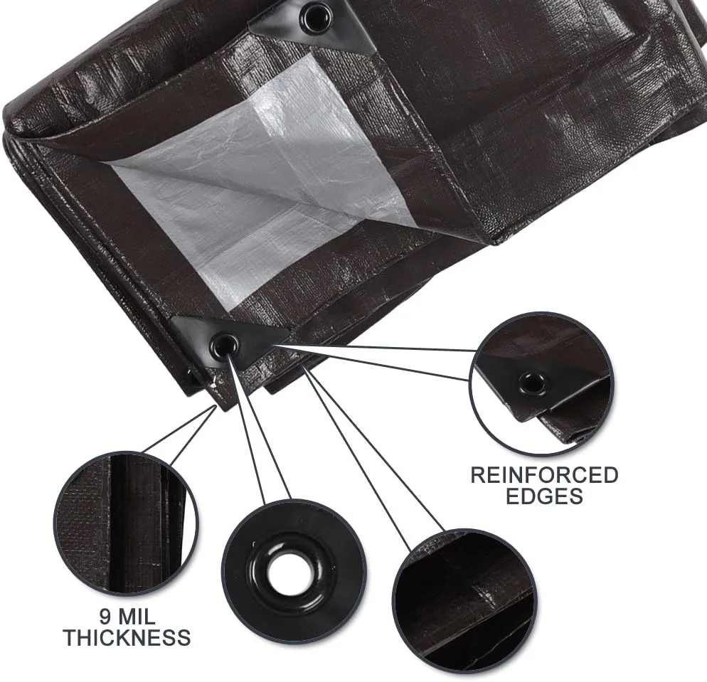 Camping Tarps Waterproof 9-mil Thick Heavy Duty Tarp Grommets Shelter for Boat Tent Yard 12'x16' Brown/Silver
