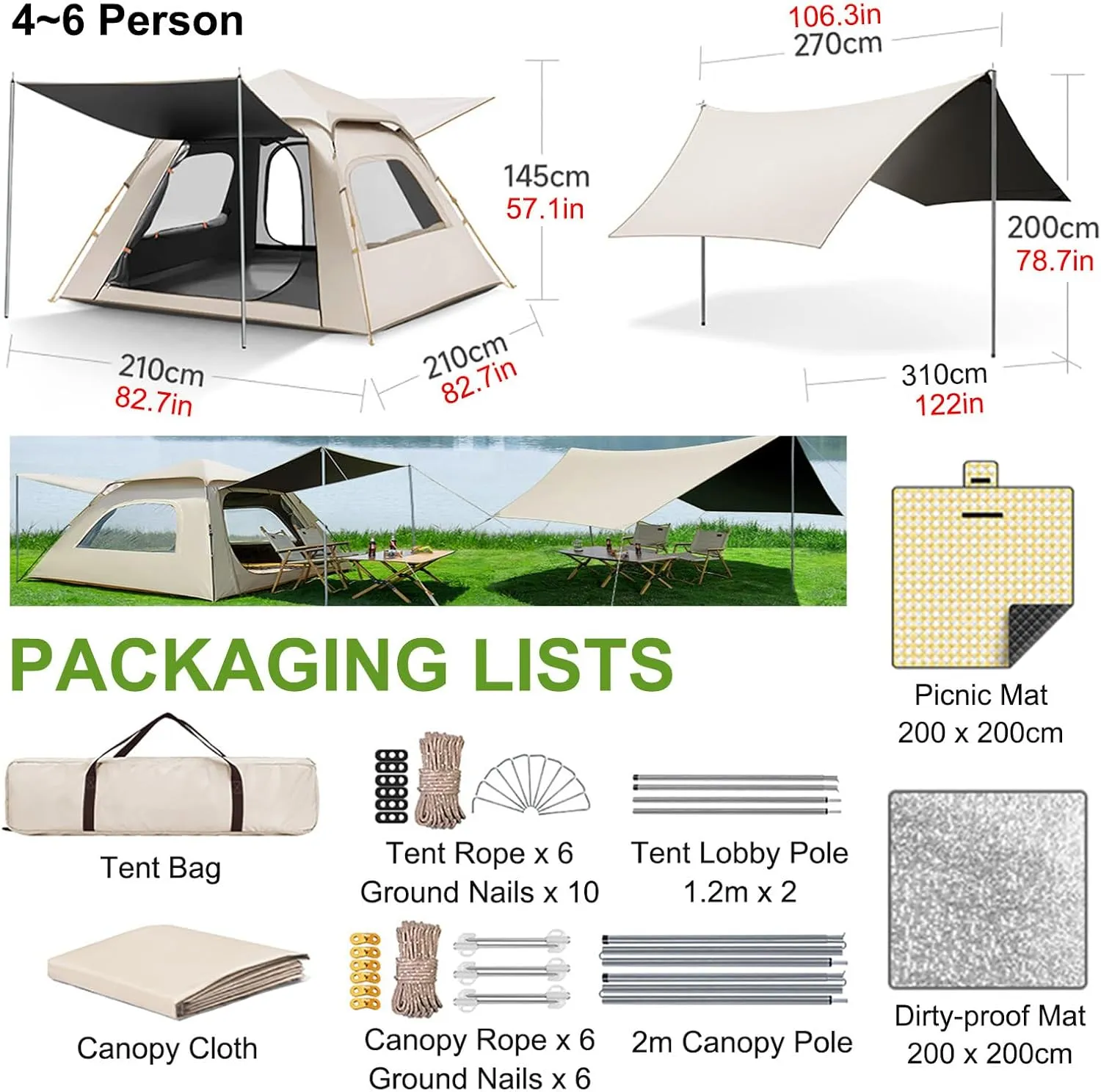 Camping Tent 4-8 Person, Pop Up Automatic Dome Beach Tents, Family Tent with Canopy & Picnic Mat, for Backpacking Hiking Mountaineering Trips,6 Person
