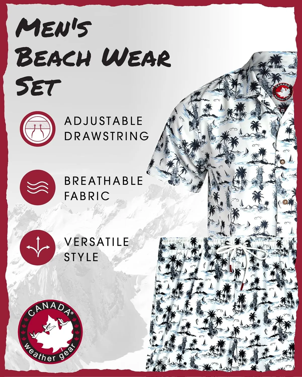 CANADA WEATHER GEAR Men's Beach Wear Set - 2 Piece Camp Hawaiian Shirt and Swim Shorts Vacation Outfit Set (Sizes: S-2XL)