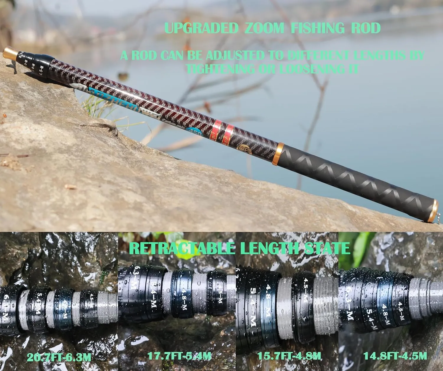 Carbon Fiber Tenkara Rod Fishing Rod 1:9 Action-Lightweight Collapsible Bass Crappie Floating Telescopic Rod 20.7FT with Zoom Rod Ultralight Small Hand Rod