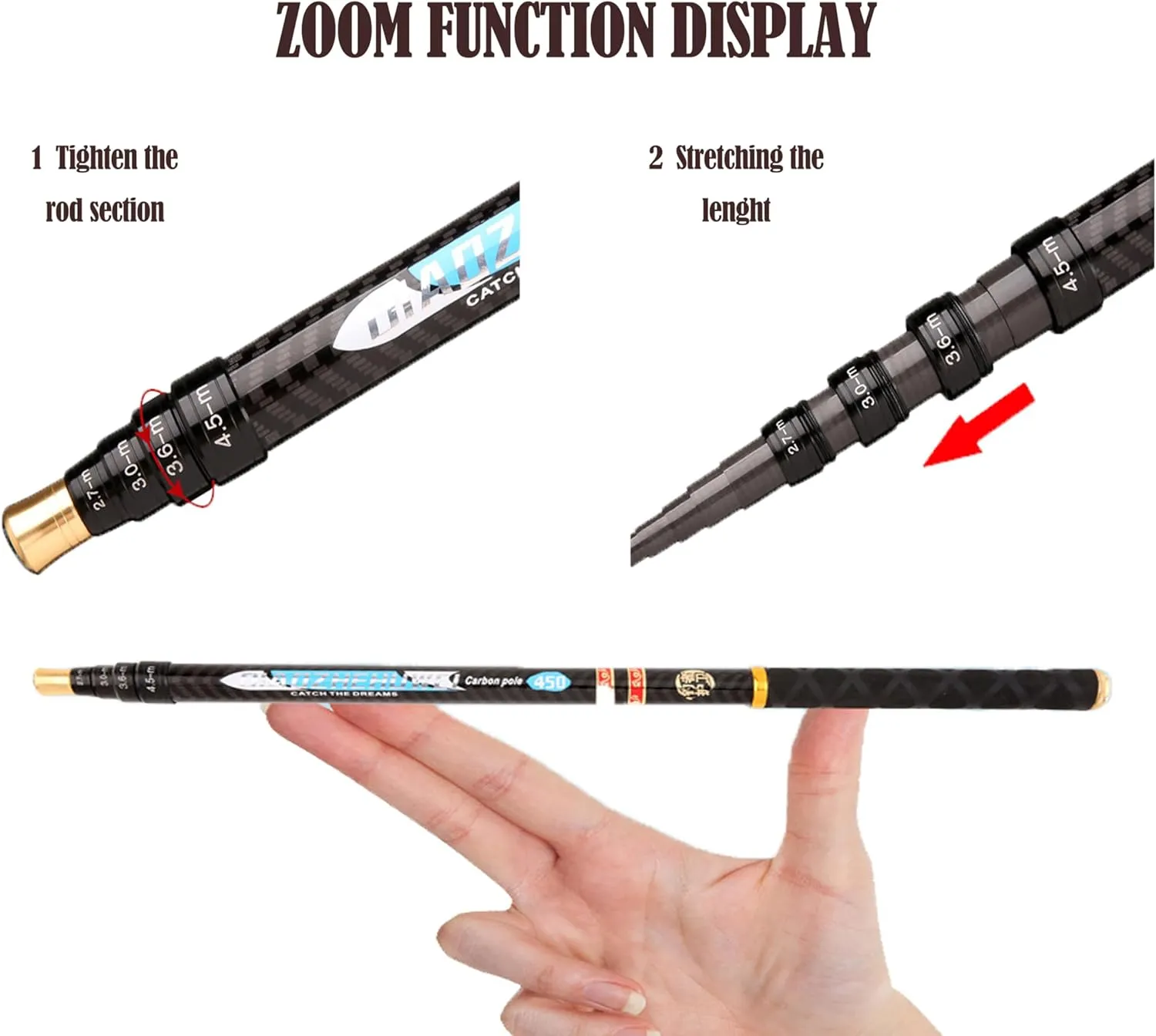 Carbon Fiber Tenkara Rod Fishing Rod 1:9 Action-Lightweight Collapsible Bass Crappie Floating Telescopic Rod 20.7FT with Zoom Rod Ultralight Small Hand Rod