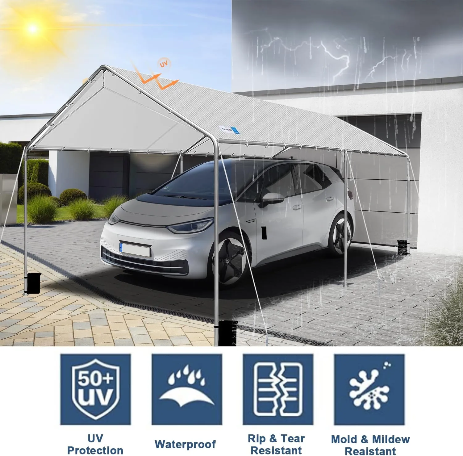 Carport Canopy 10'x20' Heavy Duty Carport, Waterproof & UV Protected Garage Top Tarp Shelter Cover with Reinforced Steel Cables, Outdoor Portable Garage for Car, Boat Tent, Light Grey