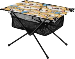 Cartoon Corgi Pattern Portable Folding Camping Table, Compact Lightweight Beach Table with Carrying Bag for Outdoor Picnics, BBQs, Camp
