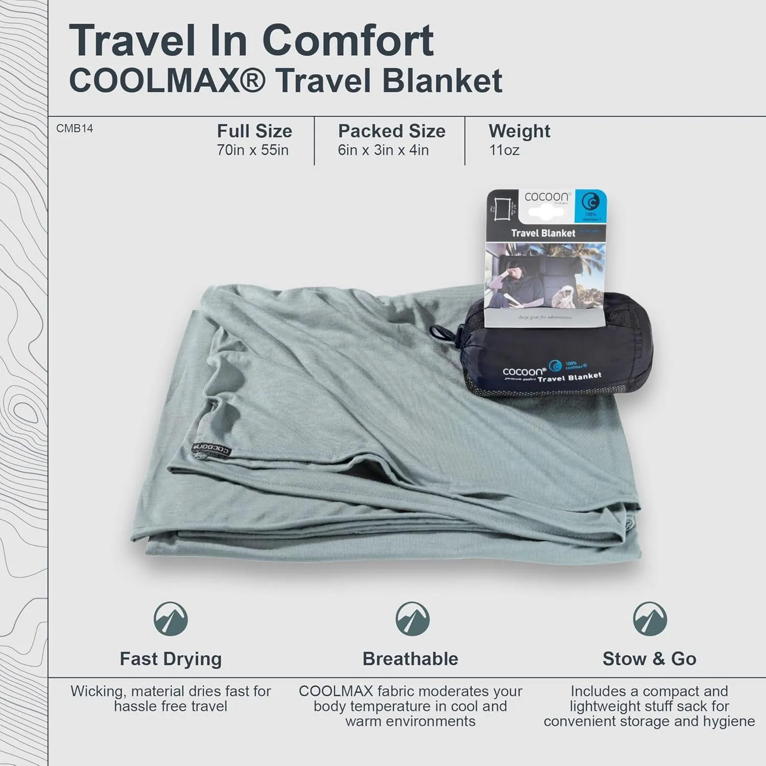 COCOON - Coolmax Travel Blanket | Compact Throw Blanket for Camping and Hiking | Fits in Backpack | Attaches to Luggage | Travel Essential | Fast Drying (Regular 70" x 55")
