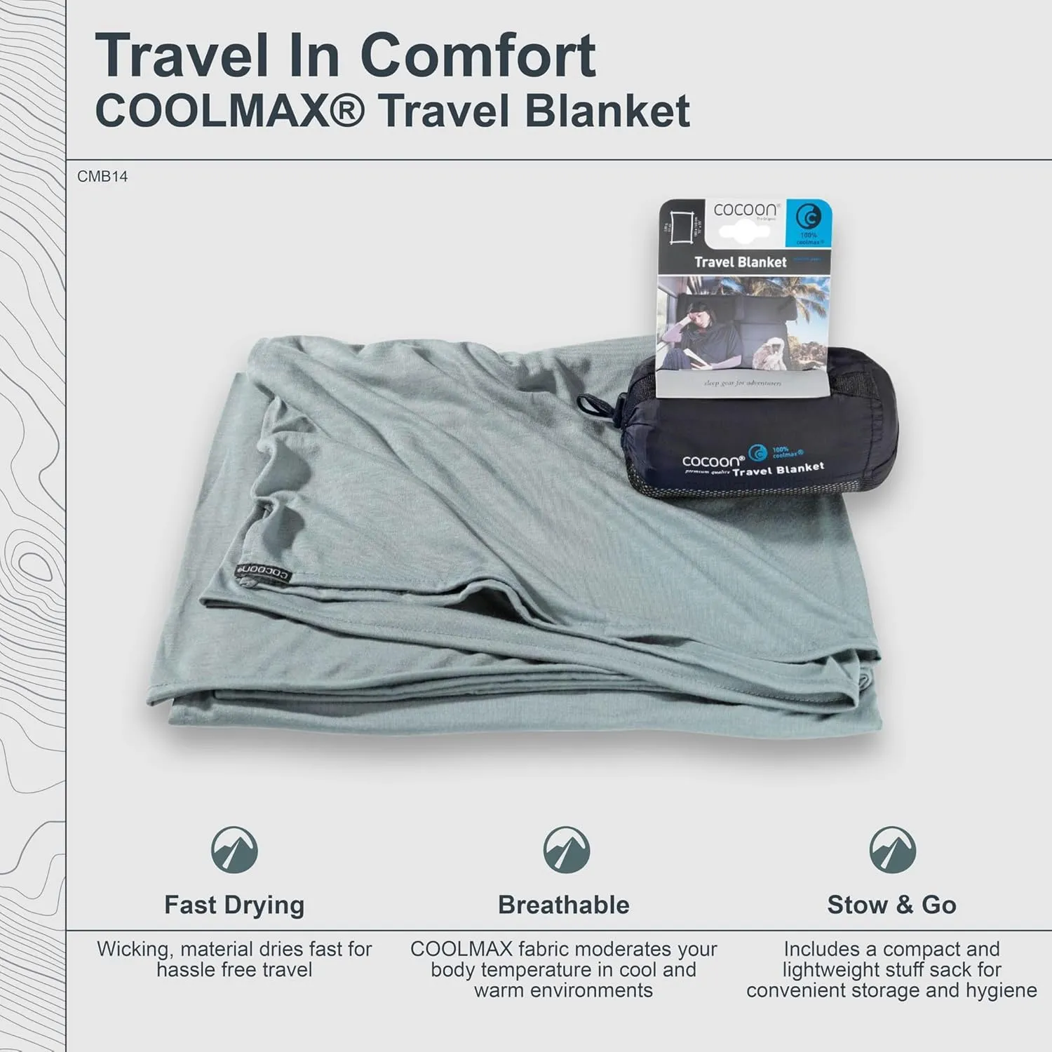 COCOON - Coolmax Travel Blanket | Compact Throw Blanket for Camping and Hiking | Fits in Backpack | Attaches to Luggage | Travel Essential | Fast Drying (Regular 70" x 55")