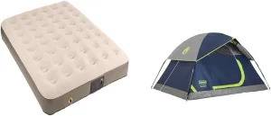 Coleman QuickBed Elite Extra-High Airbed with Built-in Pump, Leak-Free Airbed with Soft Plush Top and Carry Bag, Queen and Twin Options Available & 2-Person Sundome Tent, Navy