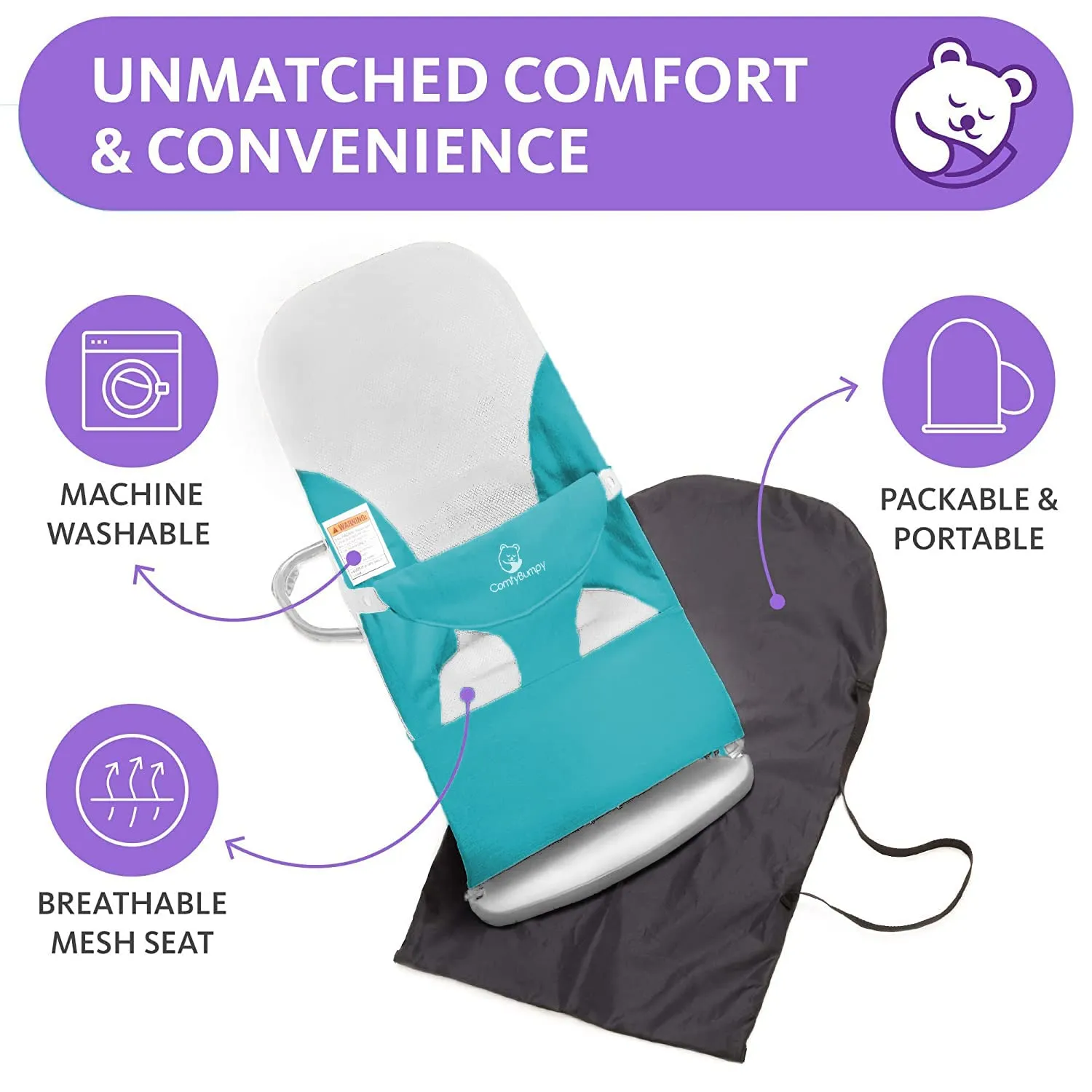 ComfyBumpy Ergonomic Baby Bouncer Seat - Bonus Travel Carry Case - Safe, Portable Bouncing Chair with Adjustable Height Positions - Infant Sleeper Bouncy Seat Perfect for Newborn Babies (Turquoise)