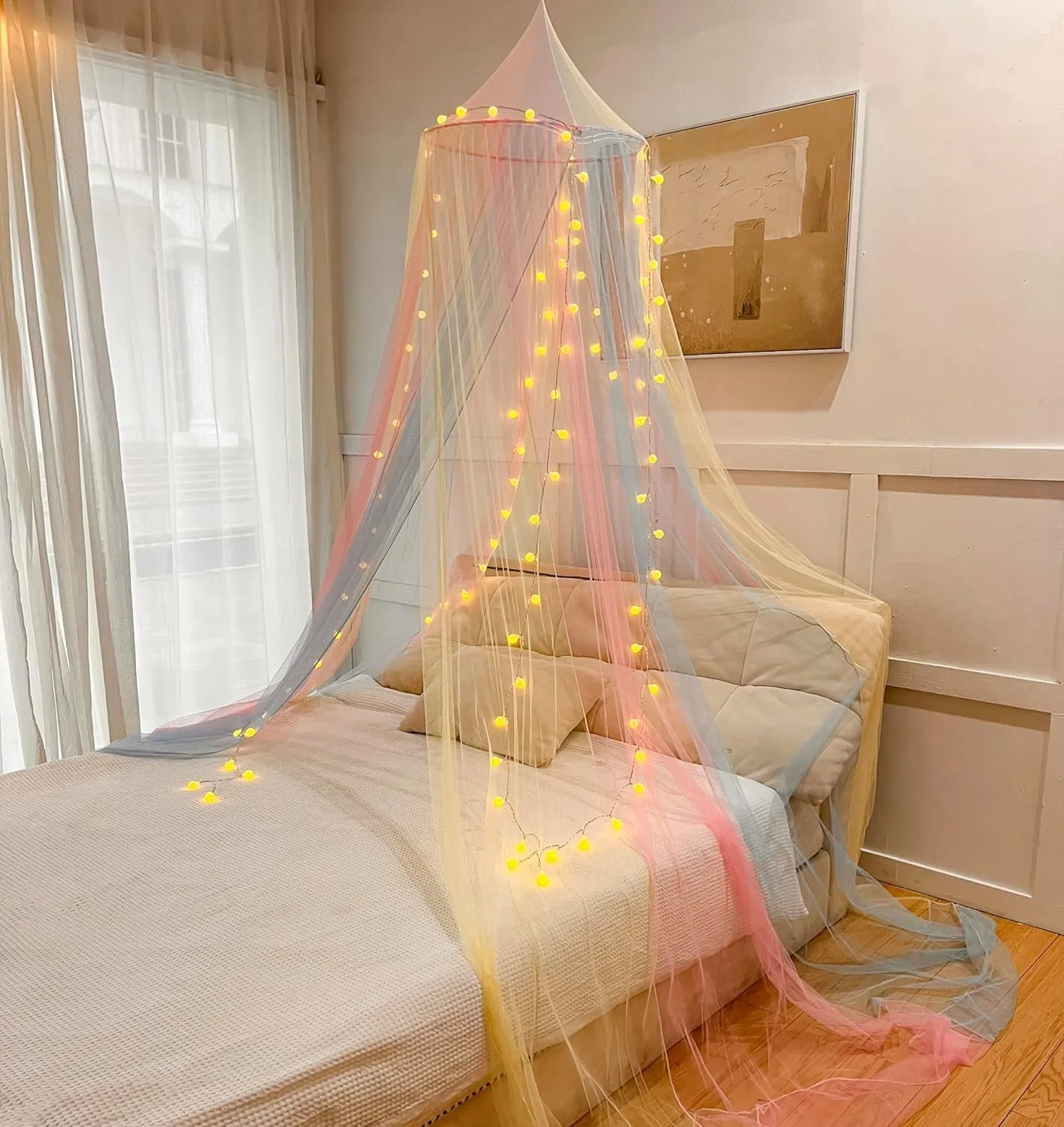 Comtelek Mosquito Net Bed Canopy for Girls,Rainbow Canopy with LED Lights Bed Curtains Full Queen Size from Ceiling,Dome Mosquito Netting Bed Tent Twin Girls Princess Canopy King Bed Decor