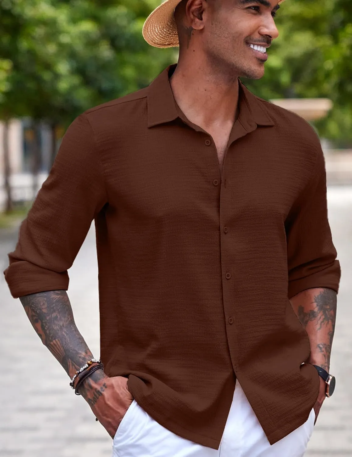 COOFANDY Men's Casual Long Sleeve Button Down Shirt Textured Wrinkle-Free Untucked Shirts