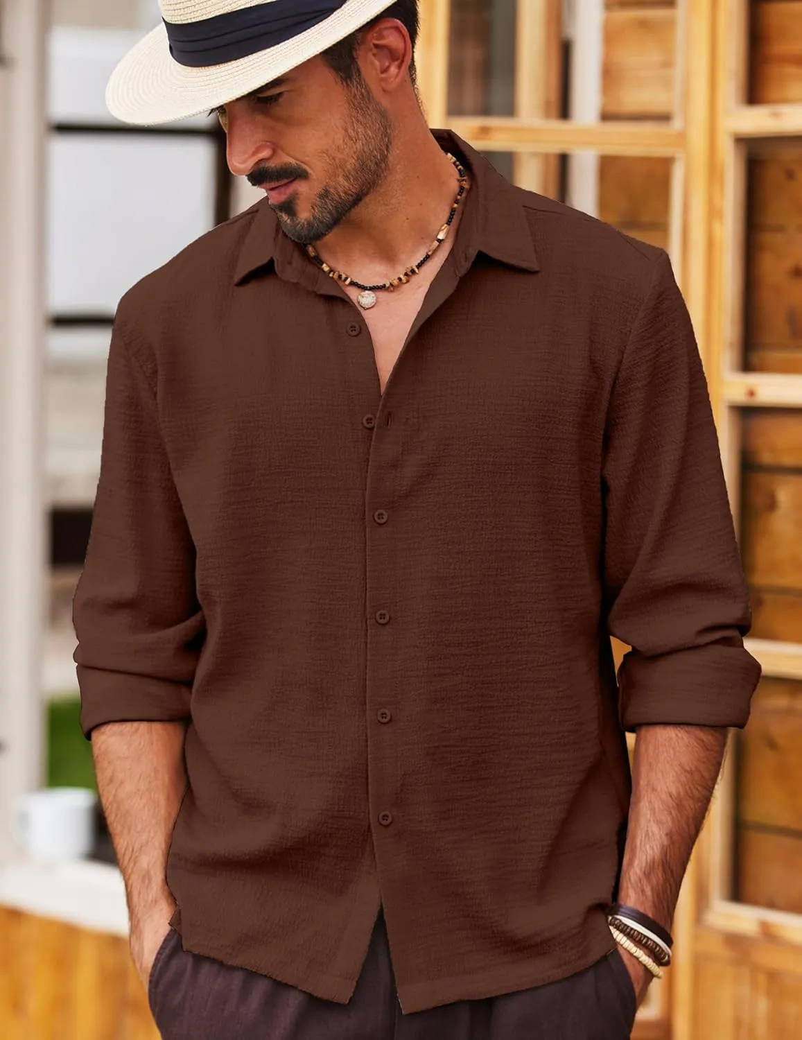 COOFANDY Men's Casual Long Sleeve Button Down Shirt Textured Wrinkle-Free Untucked Shirts