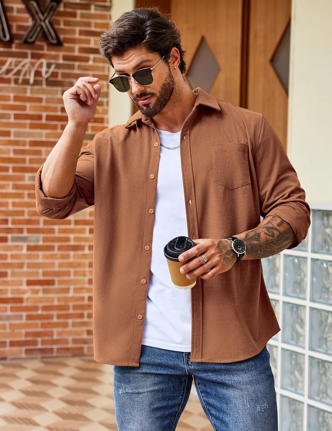 COOFANDY Men's Waffle Button Down Shirts Casual Long Sleeve Shacket Jacket with Pockets